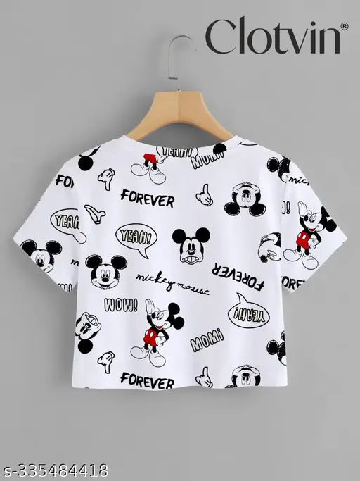 Printed Mickey Mouse crop T-shirt for girls, 95% polyester, 5% spandex, short sleeves, available in sizes S, M, L, XL