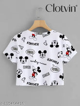 Printed Mickey Mouse crop tees for girls, Lycra with short sleeves, size options: S, M, L, XL