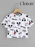 Printed Mickey Mouse crop T-shirt for girls, 95% polyester, 5% spandex, short sleeves, available in sizes S, M, L, XL