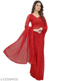 Red floral pattern Brasso net saree with unstitched blouse piece, Indian handcrafted self-design
