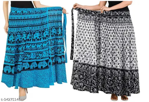 Printed cotton multicolor wrap skirts (pack of 2), Indian traditional wear with vibrant patterns