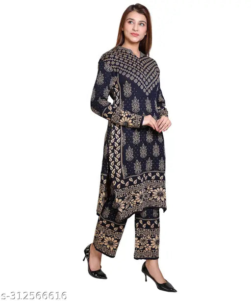 Navy wool kurta plazzo set with printed net pattern, three-quarter sleeves and matching pants for women in free size