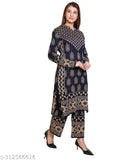 Navy wool kurta plazzo set with printed net pattern, three-quarter sleeves and matching pants for women in free size