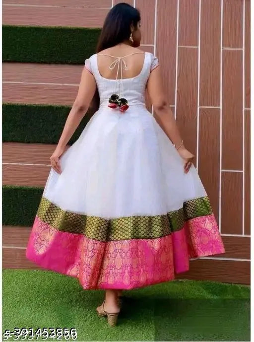 Taffeta silk jeqad gown, short sleeves with zari woven pattern, India-made evening wear