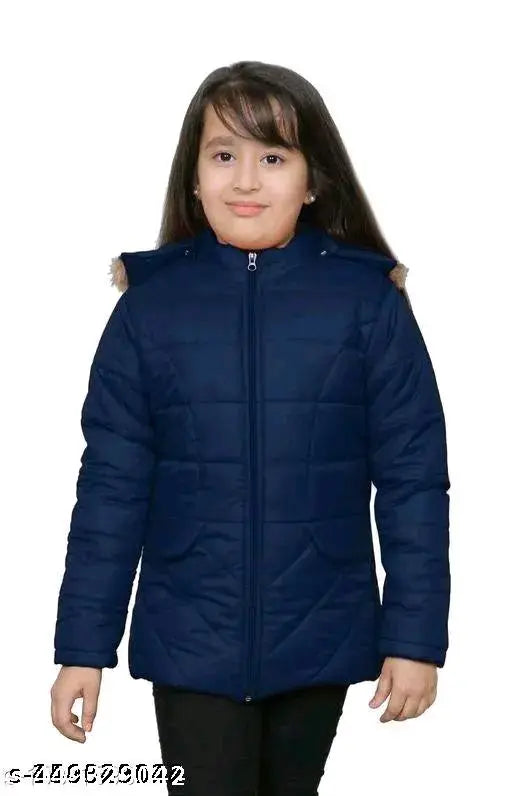 Navy blue nylon long sleeves solid girl's winter jacket from India