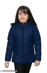 Navy blue nylon long sleeve girls jacket, winter wear for 18 months to 5 years originating from India