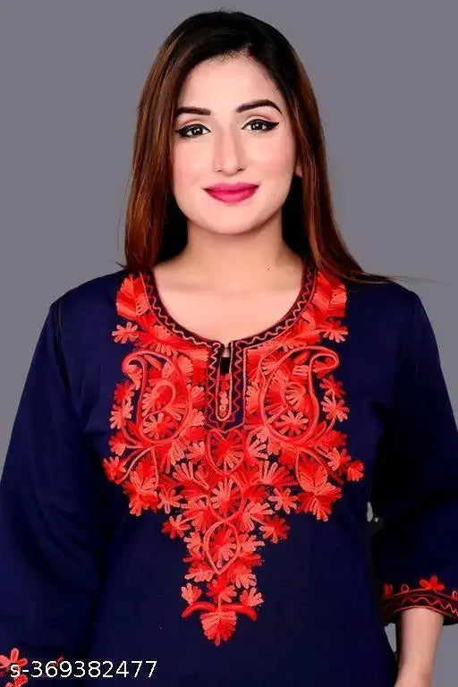 Navy blue woolen kurti, three-quarter sleeves, solid design, comfortable fit for M, L, XL, XXL, XXXL sizes. Indian handcrafted garment
