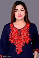 Navy blue woolen kurti, three-quarter sleeves, solid design, India-made