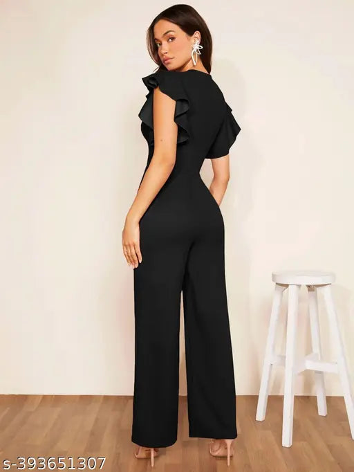 Trendystore New Launch Solid Plunging Neck Wide Leg Jumpsuit - Deep V, ruffle & zipper detail, high waist fit in polyester with medium stretch (India)