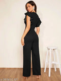 Trendystore New Launch Solid Plunging Neck Wide Leg Jumpsuit - Deep V, ruffle & zipper detail, high waist fit in polyester with medium stretch (India)