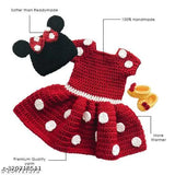 Red woolen baby dress with self-design net pattern, short sleeves, and various sizes available from 0-3 months to 18-24 months. Made in India