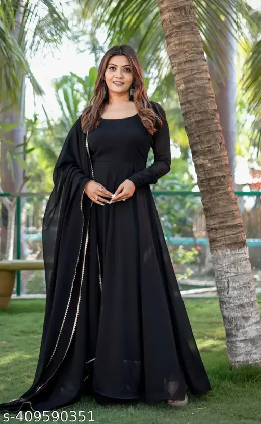Black georgette A-line flared gown with dupatta, long butterfly sleeves and thread latkan detail. High quality party wear for women
