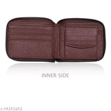 Brown artificial leather men's casual travel formal wallet, 3 card slots, textured net pattern, durable PU material, compact size (11cm x 9cm), round zip closure, lightweight, perfect gift accessory for any occasion, made in India