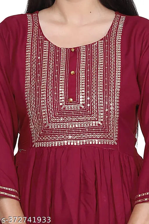 Rayon maroon kurta with three-quarter sleeves, solid design for women's fashion, S, M, L, XL, XXL sizes available