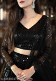 Black embellished net semi-stitched lehenga choli and dupatta with solid sequins pattern