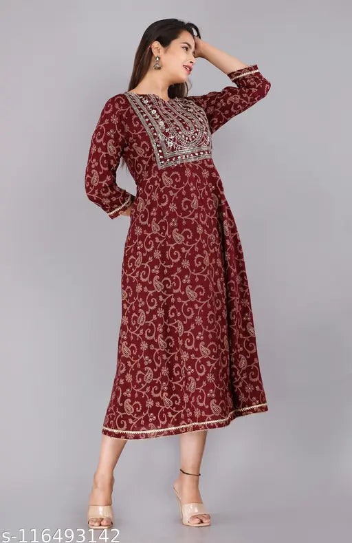 Rayon printed kurtis with sequin embroidery, three-quarter sleeves, wine color - Indian anarkali dress for women