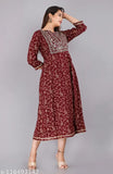 Rayon printed kurtis with sequin embroidery, three-quarter sleeves, wine color - Indian anarkali dress for women