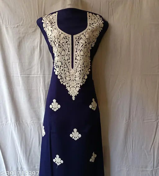 Navy blue Kashmiri embroidered wool kurti for women, perfect for any occasion. Unstitched Aari work kurti with neck and front light embroidery. Made in India