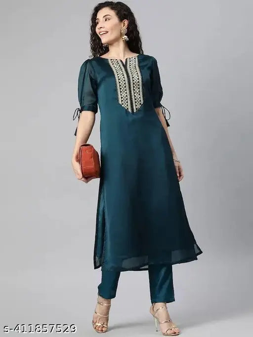 Georgette attractive women's kurta & pant set, solid-colored Indian fashion wear with short sleeves and crepe bottoms