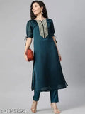 Georgette attractive women's kurta & pant set, solid-colored Indian fashion wear with short sleeves and crepe bottoms