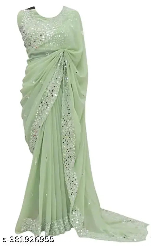 Real mirror work on thread embroidered Georgette saree with separate Bangalori silk blouse, Indian traditional bridal wear