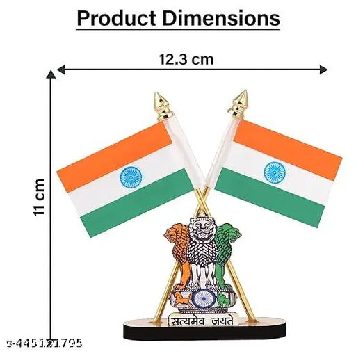 Durable plastic-plated Indian National Flag stand, 3in. x 2in., suitable for car dashboard or office/study table. Self-adhesive, double-sided tape for easy mounting. Ideal gift for any occasion or personal use. Cross design flag stand made in India