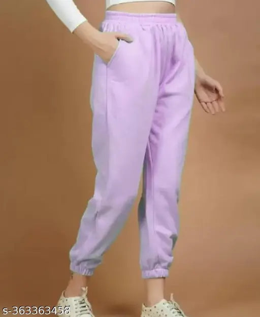 Women's or Girl's Fleece Joggers, Elastic waistband, deep side pockets, relaxed style - Solid color, comfortable for sports, jogging, gym, running. Made in India" (106 characters)