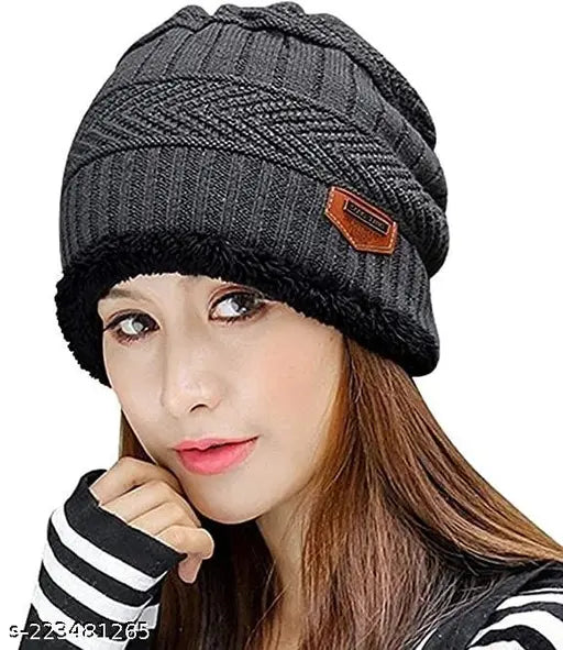Woolen beanie cap with fur lining, warm for winter, snow-proof hat for men & women (India)