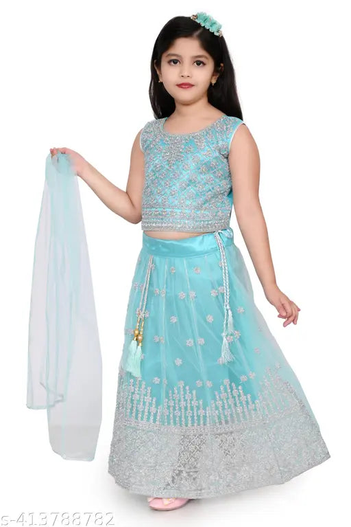 Three-color embroidered net Lehenga Choli sets with Dupatta, featuring short sleeves and lace stitching, ideal for kids aged 2-8 years. Indian-made AYSA APPARELS in three sizes