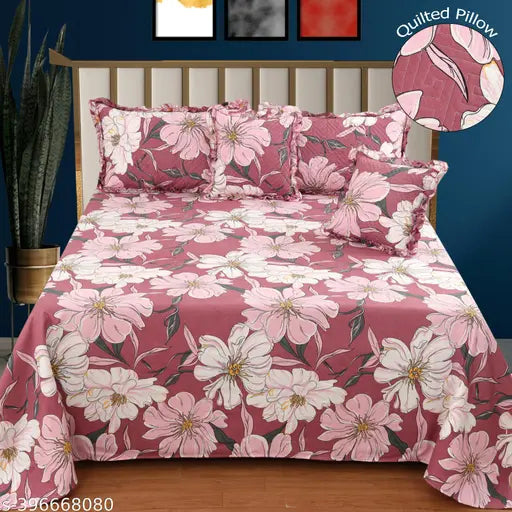 Luxurious cotton king size bedsheet set (5PC), heavy quality with floral print and 2 quilted pillow covers, ideal for home and hotels