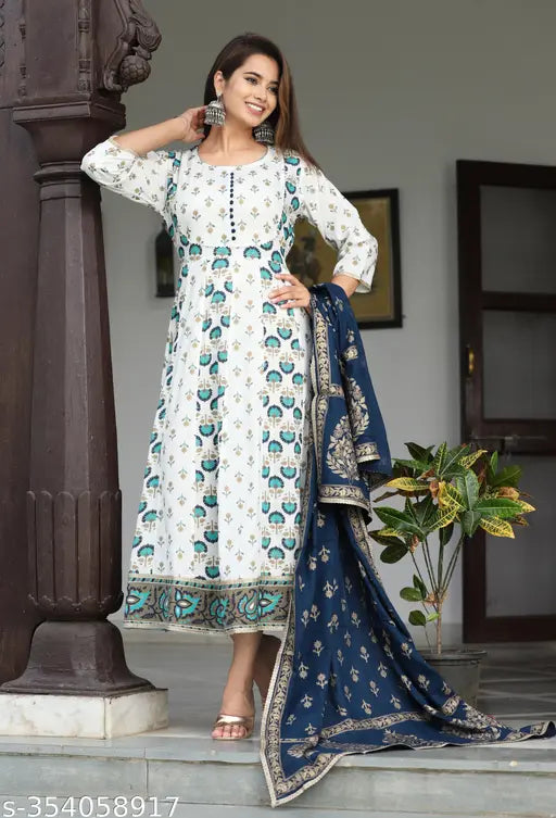 Large size rayon anarkali long kurta with printed net duppata, ideal for Indian parties
