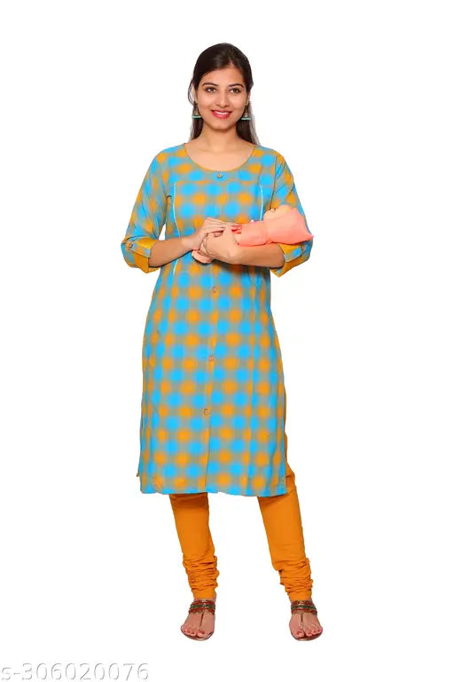 Blue mustard pure cotton checked three-quarter sleeve feeding kurti for mothers during pregnancy, India origin