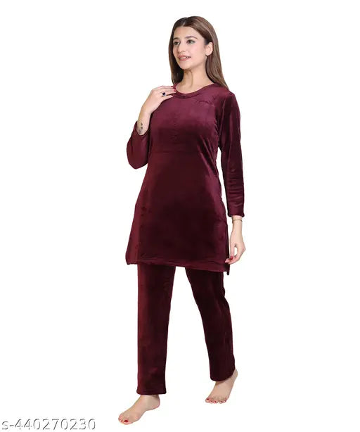 Women's velvet full sleeve nightsuit, premium quality, warm fabric, Indian homegrown brand H&H SONS