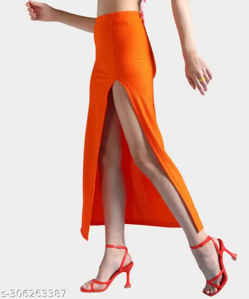 Orange polyester A-line skirt for women, high-end fashion, formal occasions, party wear, maxi long slit skirt, hot color, crop top, red carpet style, sizes 26, 28, 30, 32, 34 (waist 26in/28in/30in/32in/34in, length 39in/40in/40in/40in/41in, hip 30in/32in/34in/36in/38in), India origin