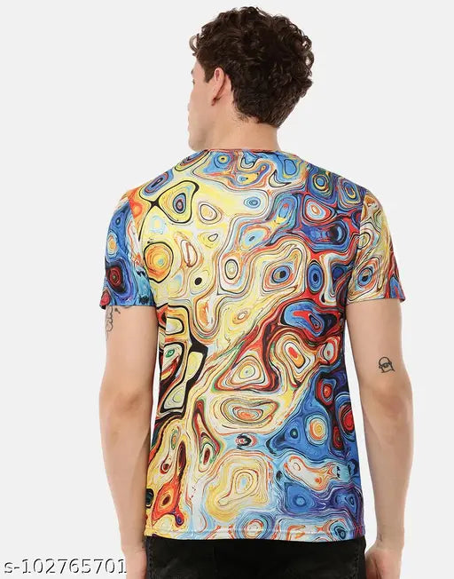 Vivid Colors Printed Men's Polyester T-Shirt, short sleeves, multi-colored design, sizes S-XL, Indian origin