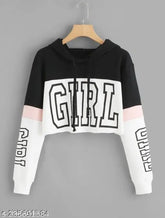 White and black color-block, long sleeve, printed cotton blend hoodie for women and girls party wear