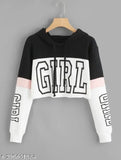 White and black color-block, long sleeve, printed cotton blend hoodie for women and girls party wear