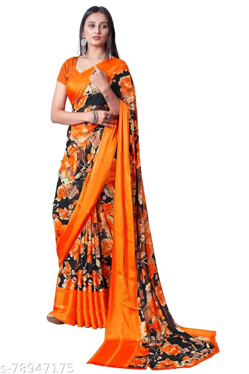 Georgette satin patta saree with unstitched blouse, beautiful print, great for parties, free size, made in India