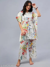 WineRed women's white floral print kaftan set, cotton pyjamas with short sleeves and adjustable waist, Indian origin
