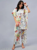 WineRed women's white floral print kaftan set, cotton pyjamas with short sleeves and adjustable waist, Indian origin