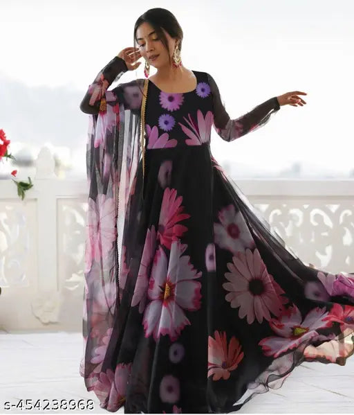 Black Georgette Sun Flower Printed Gown for Women - Trending fashion piece with three-quarter sleeves, suitable for weddings or parties. High quality Indian craftsmanship