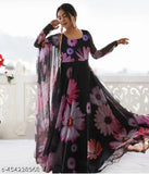 Black Georgette Sun Flower Printed Gown for Women - Trending fashion piece with three-quarter sleeves, suitable for weddings or parties. High quality Indian craftsmanship