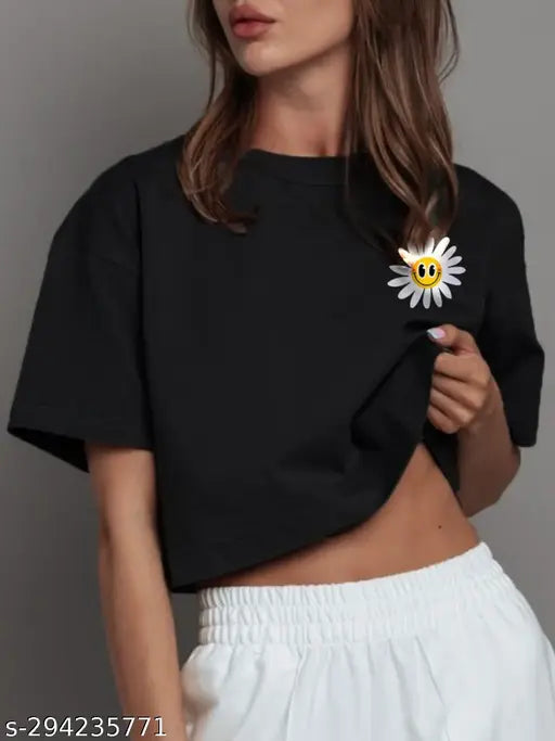 Comfy black cotton half sleeve crop top with happy flower print for women/girls, versatile style for casual outfits