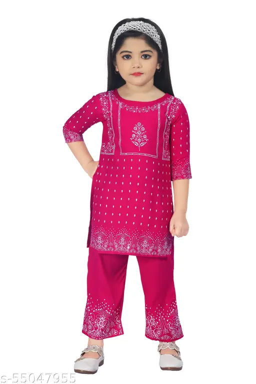 Festive Rayon Kurta & Trouser Set for Girls (India), three-quarter sleeves, printed design, 1-4 years sizes available