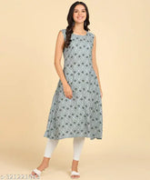 Women's casual wear sleeveless round long kurti in American crepe fabric, printed combo for traditional and casual events. Single size options: S (36in bust, 43in length), M (38in bust, 43in length), L (40in bust, 43in length), XL (42in bust, 43in length), XXL (44in bust, 43in length). Indian-made calf-length Anarkali kurta with sleeveless design