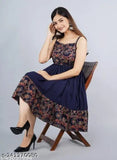 Blue rayon fit-and-flare dress, printed combo, sleeveless for women's fashion, India origin