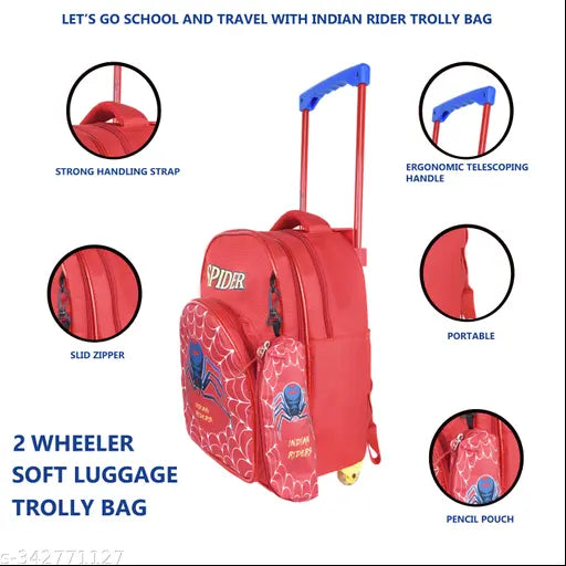 Red waterproof polyester Indian Riders SPIDER MEN school trolley bag, 25L/30L. Spacious, durable, and features adjustable straps, front pouch, and water bottle pocket