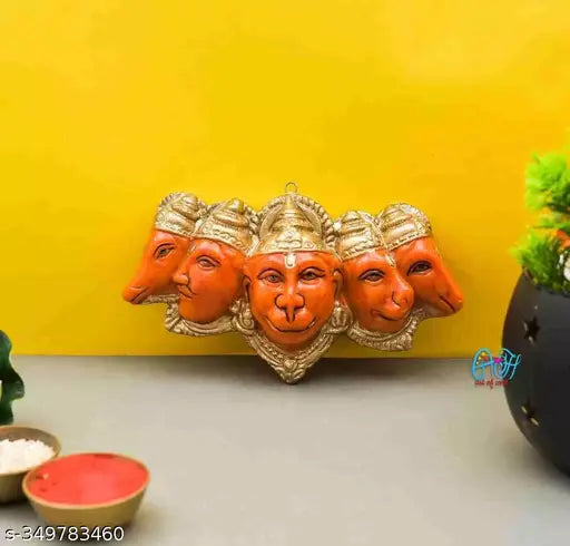 Orange polyresin Panchmukhi Hanuman Murti for door entrance, Vastu gift decoration (7 x 4 inches)
