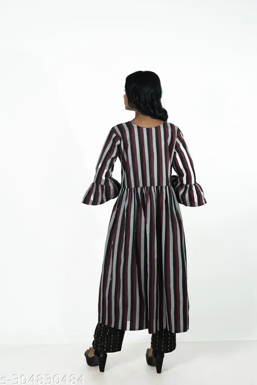 Women's striped cotton blend Anarkali kurti with three-quarter sleeves, suitable for M, L, XL, XXL. Traditional yet modern Indian attire for casual or cultural events