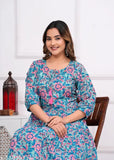 Cotton floral print Anarkali Kurti, calf length, three-quarter sleeves. Vibrant, traditional Indian attire for women